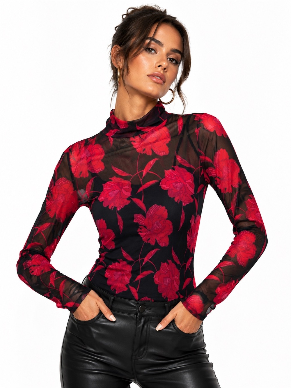 Tahari Sheer Floral Mesh Mock Neck Top L Black Pink Red Layering Stretch Y2K